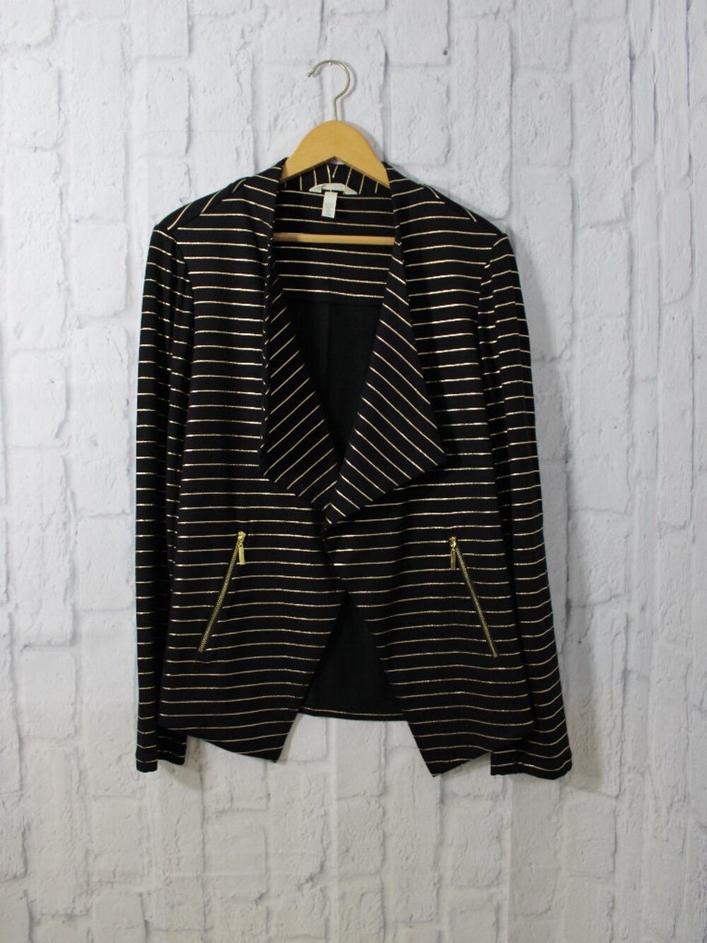 Soma Large Black Gold Striped Drape Open Front Longsleeve French Terry Jacket